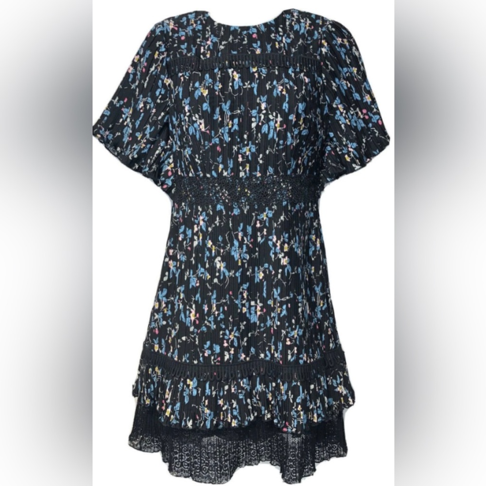 Chelsea28 Pleated Floral Lace Dress Keyhole Back Blue Black L